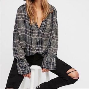 Free People Sparkly Plaid Oversized Top Green Sequin Popover Flannel Tunic S